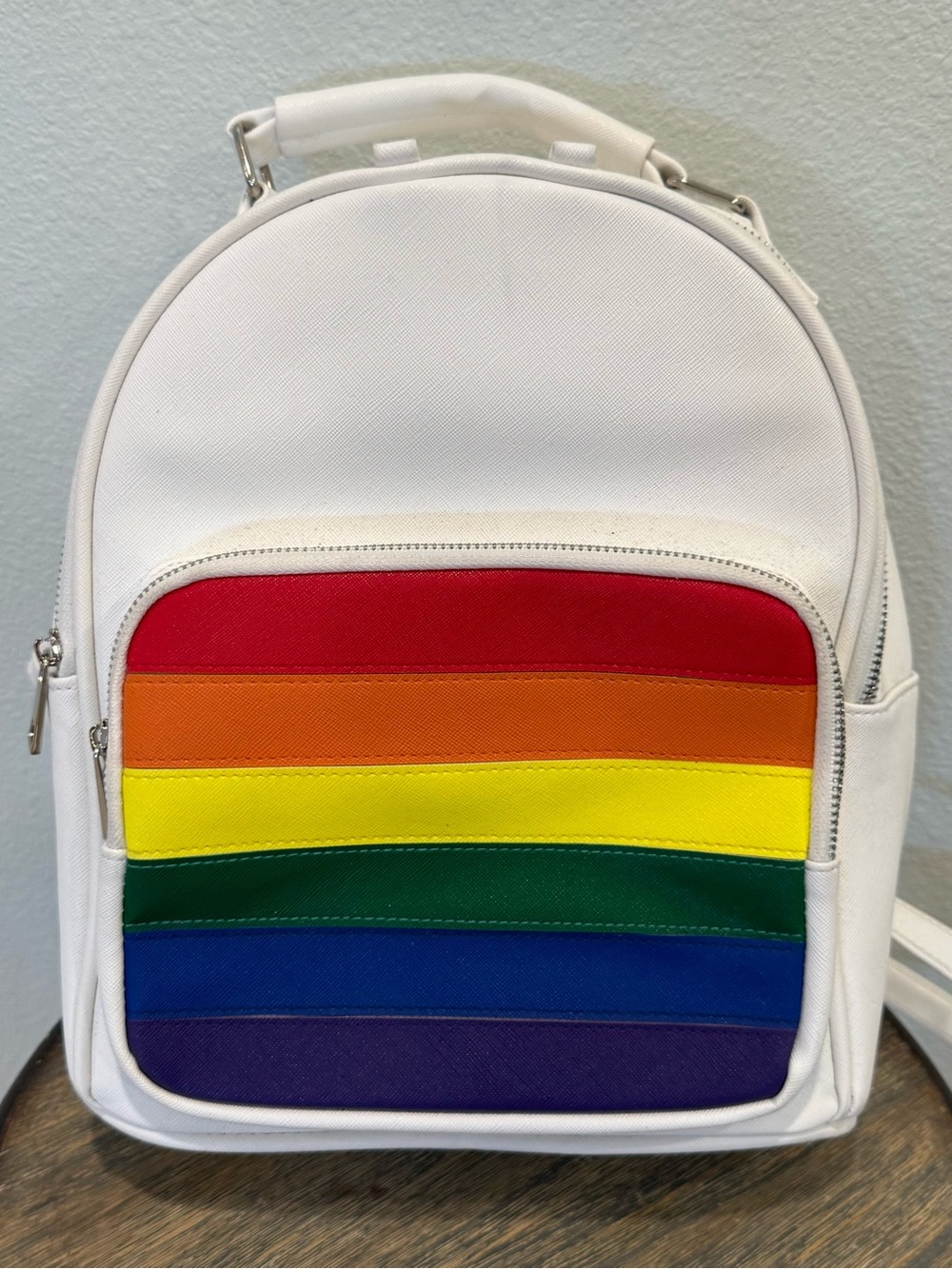 Under One Sky White Mini Backpack Rainbow Stripe Pocket Pride Festival Bag NWOT